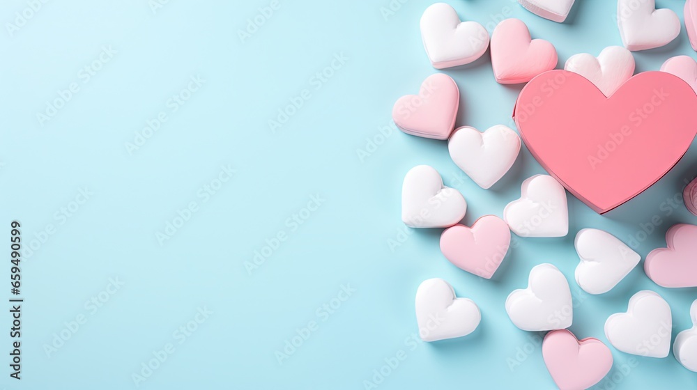  a pink and white heart surrounded by small hearts on a blue background.  generative ai