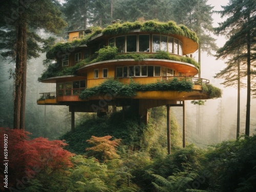 High houses built on trees in the forest