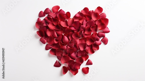  a heart shaped arrangement of red petals on a white background. generative ai