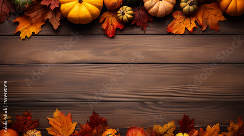 pumpkins and autumn leaves on wooden table top (ID: 659490949)
