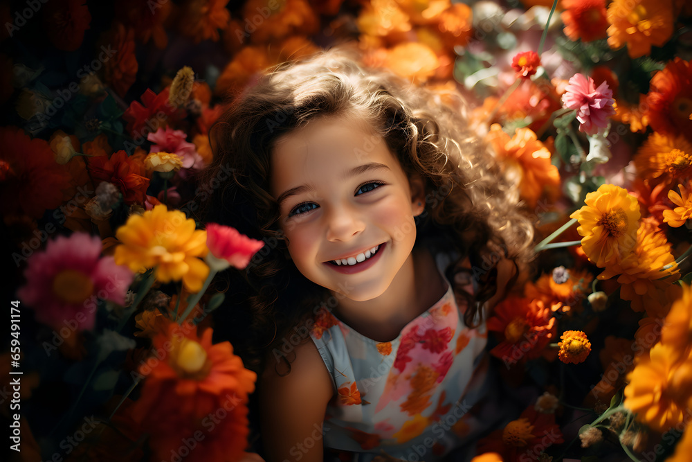 Young beautiful girl in flowers, summer outdoor,  created by generative AI technology