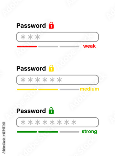 Password weak, medium and strong bar icon. Digital cyber security. Authorization window, login for entering in account or email. vector