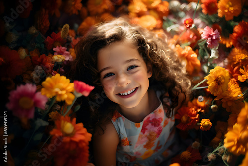 Young beautiful girl in flowers, summer outdoor,  created by generative AI technology © nali