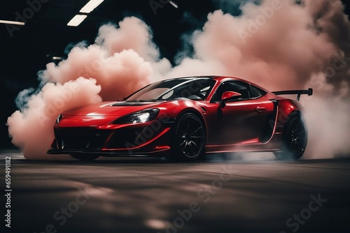 Drifting car on dark black background with red smoke Car in the smoke Supercar in motion Sports car © ArtisticLens
