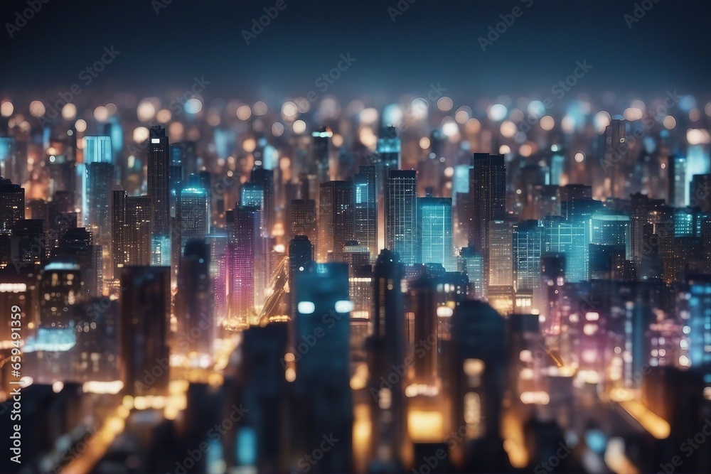 High tech data network color grids over miniature cityscape with cinematic coloring technology