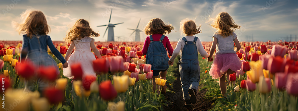two little's girls playing in a tulips field, , created by generative AI technology - obrazy, fototapety, plakaty 