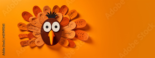 playful childlike felt turkey on orange background (ID: 659491561)