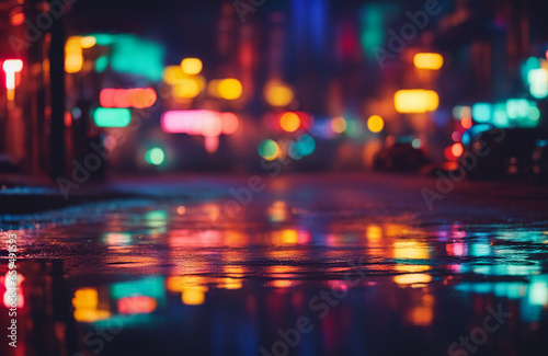 Multi-colored neon lights on a dark city street, reflection of neon light in puddles and water. Abstract night background, blurred bokeh light. Night view colorful © Nolan