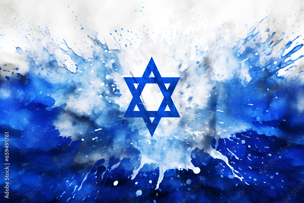 Israeli flag with a star of David paint splash banner. Patriotic concept with national state symbols. Flag of Israel illustration, copy space. Nationality and patriotism concept. Memorial day Israeli flag with a star of David paint splash banner. Patriotic concept with national state symbols. Flag of Israel illustration, copy space. Nationality and patriotism concept. Memorial day