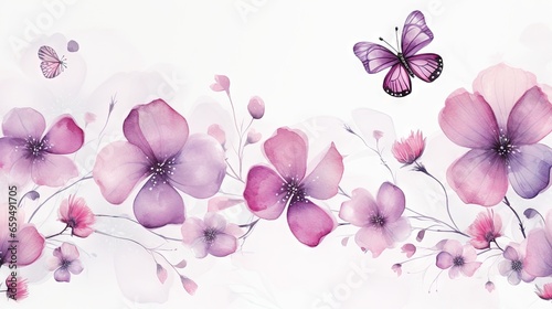  a painting of pink flowers and a butterfly flying over them. generative ai