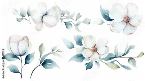  a white flower with green leaves on a white background with a white background.  generative ai