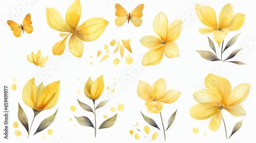  a painting of yellow flowers and butterflies on a white background. generative ai