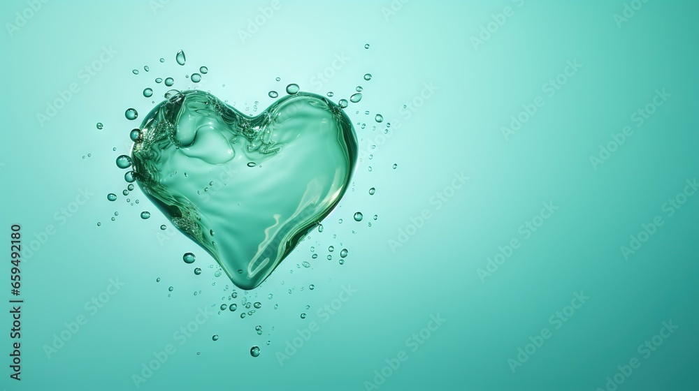  a heart shaped object floating in water with bubbles on a blue background.  generative ai