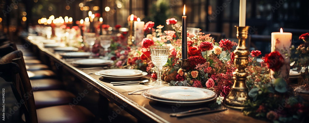 Romantic Wedding Table Setting with Elegant Decor, Flowers, and Fine Dining, 
Luxury Wedding Dinner ,Wedding  table setting  in hall decoration, festive table on the terrace