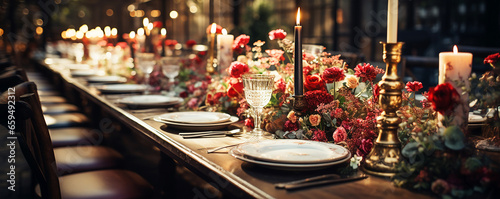 Romantic Wedding Table Setting with Elegant Decor, Flowers, and Fine Dining,  Luxury Wedding Dinner ,Wedding  table setting  in hall decoration, festive table on the terrace