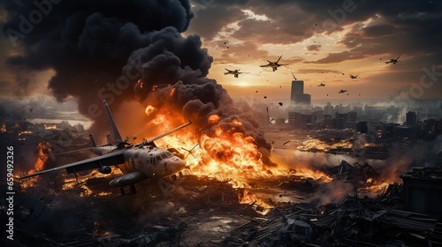 Battle  Battle damaged planes  explosions  fires  deserted city backgrounds 