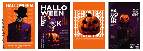 set of 4 halloween poster with vibrant orange and purple color combination, typography art unique poster design, trick or treat, pumpkin, skull skeleton vector illustration © haris
