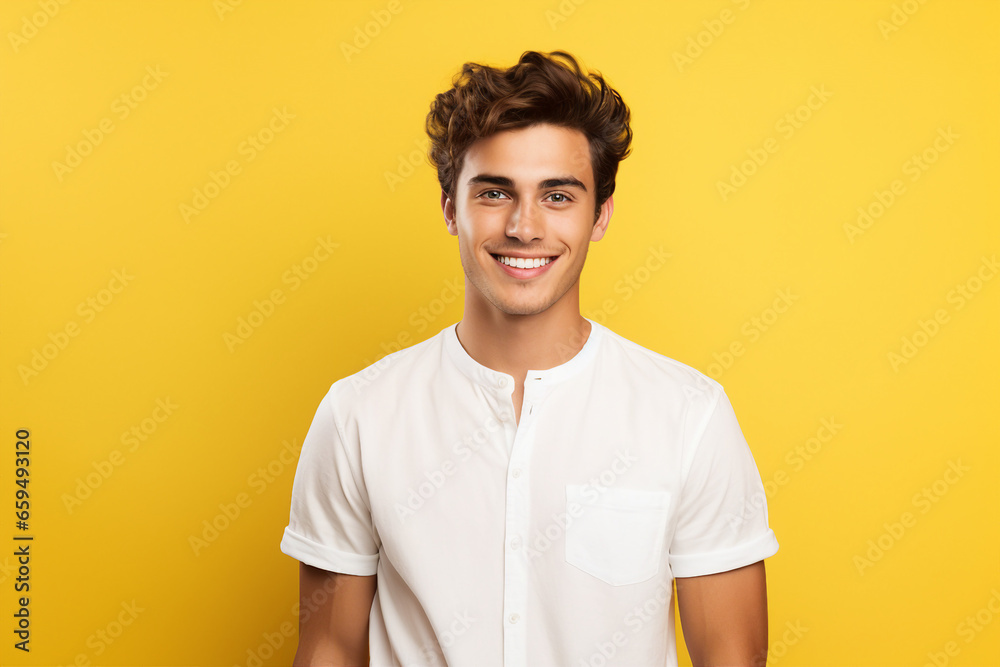 Generative AI photography of handsome man pop star with perfect face hairstyle using beauty products isolated on yellow background Generative AI photography of handsome man pop star with perfect face hairstyle using beauty products isolated on yellow background
