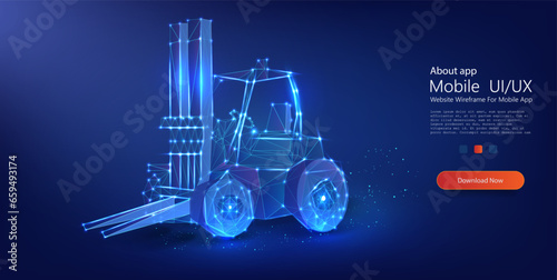 Forklift in low poly style. Hydraulic machinery blueprint. Industrial isolated loader. Automated logistic service, digital warehouse.  Isolated silhouette. Vector illustration
