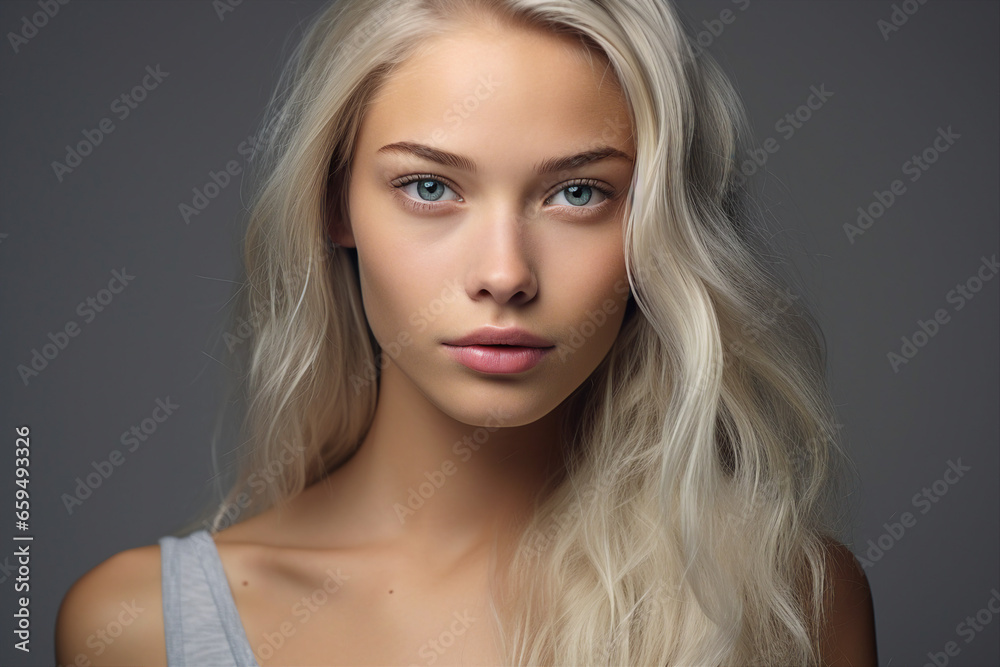Naklejka premium AI generated image of beautiful stunning young woman isolated on grey background