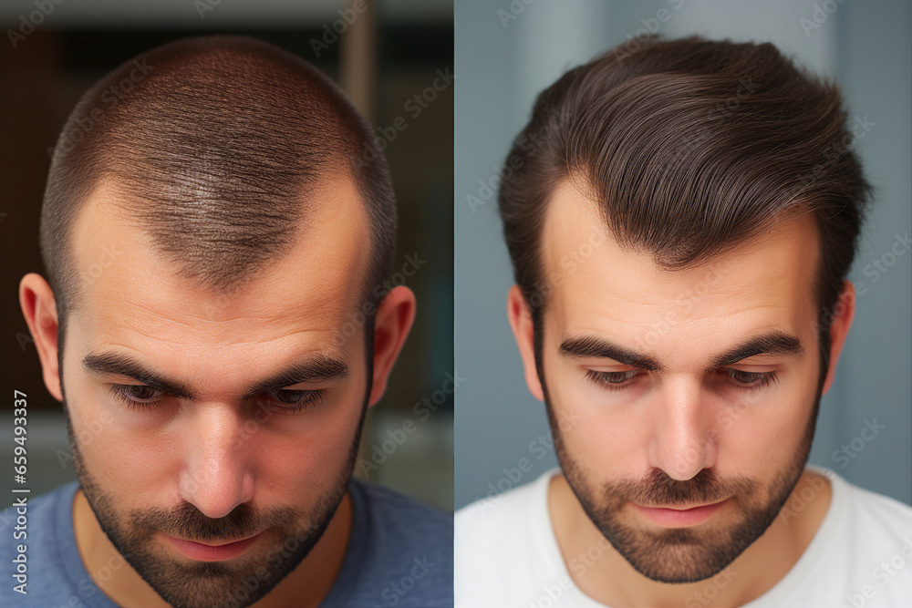 Fototapeta premium Generative AI collage two photos comparison before after anti hair loss procedure hair treatment