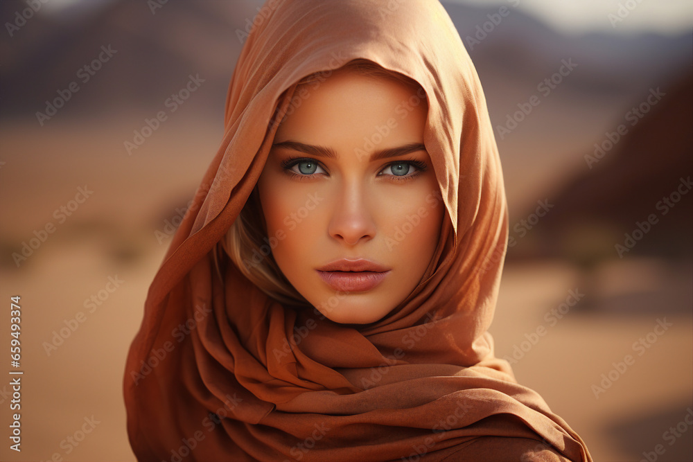 Beautiful arabic woman wearing veil in sandy desert Generative Ai illustration