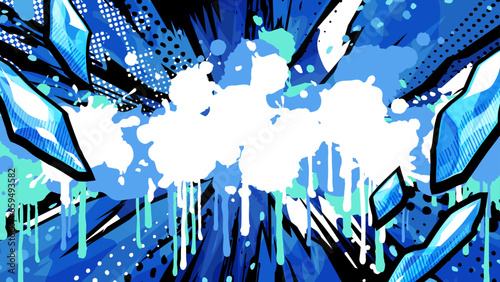 氷の粒と垂れたペンキのアメコミ風の背景_青_16:9