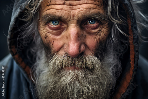 Close up photo of a homeless old man with dirty clothes and messy beard wrinkled face on cold rainy street generative ai