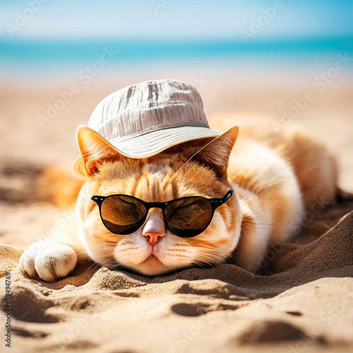 A beautiful red cat in a cap and sunglasses lies on a sandy beach on the seashore on a summer sunny day. Holiday concept with animals. Generative AI