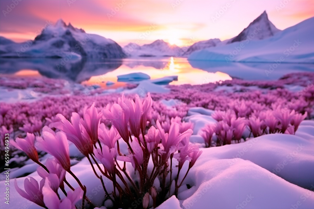 Flowers bloom in Antarctica. Climate changes. Melting glacier. Global changes on the planet.