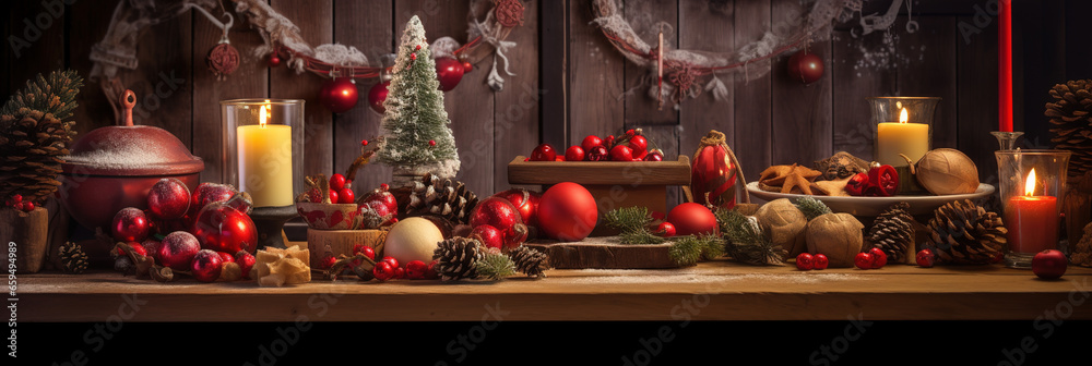 Weihnachtliches Dekobanner mit Weihnachtskugeln, Kerzen und Tannenzapfen vor Holzhintergrund, Weihnachten Hintergrund Banner
