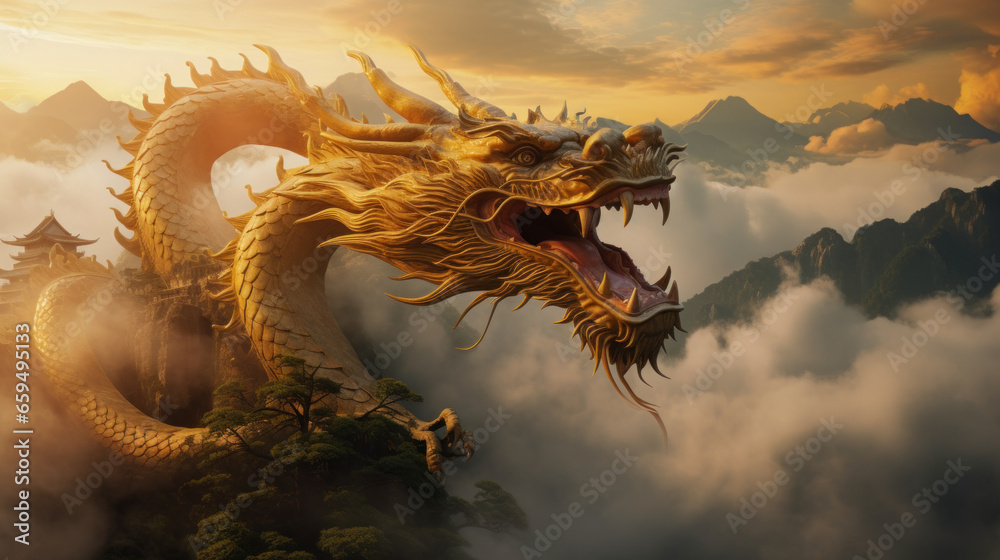 A Dragon Golden Chinese on foggy Clouds