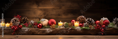 Weihnachtliches Dekobanner mit Weihnachtskugeln und Tannenzapfen vor Holzhintergrund, Weihnachten Hintergrund Banner photo