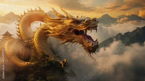 A Dragon Golden Chinese on foggy Clouds