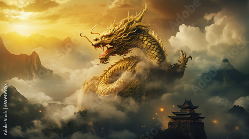 A Dragon Golden Chinese on foggy Clouds