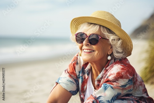 Elderly female traveler on vacation at the beach waving sea on weekend day on resort, Generative AI