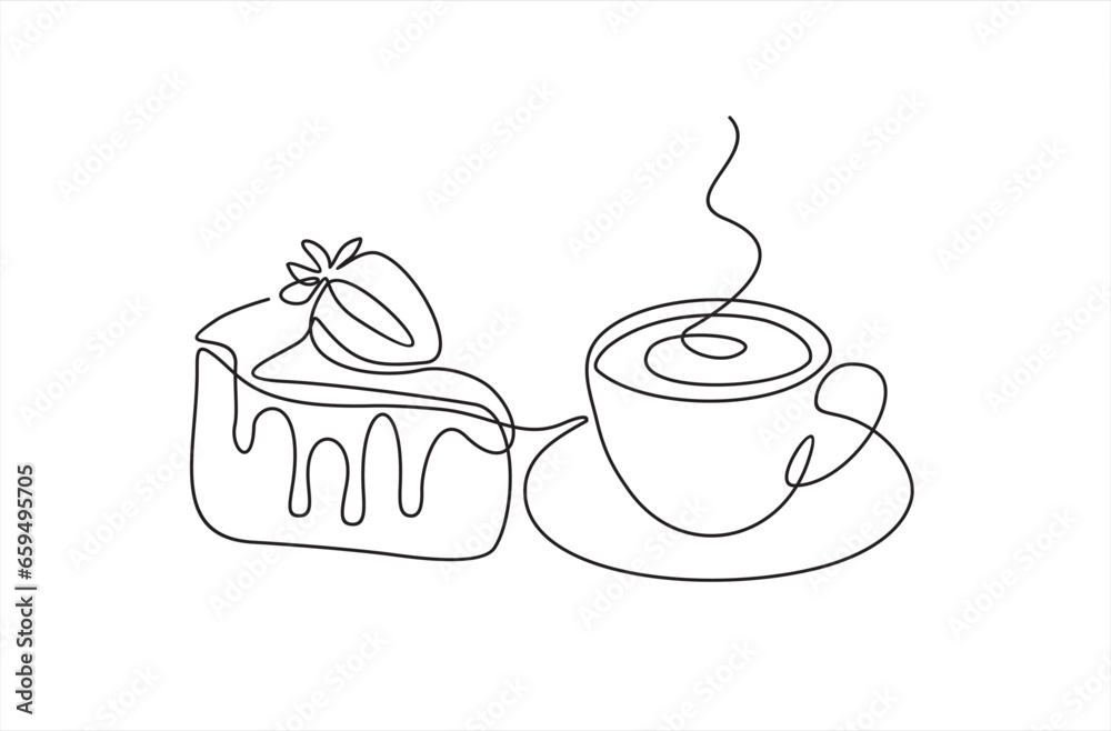 Piece of cake with strawberry and coffee drawn in one line style. Breakfast theme with linear pastry and coffee for logo and posters, simple sketch design. Vector illustration Piece of cake with strawberry and coffee drawn in one line style. Breakfast theme with linear pastry and coffee for logo and posters, simple sketch design. Vector illustration
