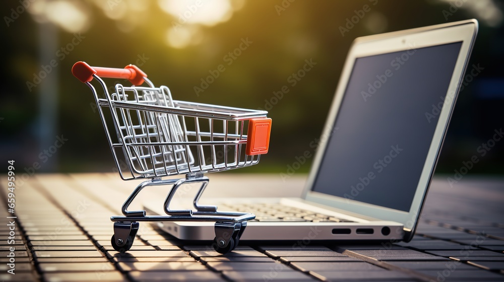 Small shopping cart standing in front of laptop, online shopping concept, plush box, paper bag, laptop, smartphone, credit card
