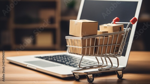 Small shopping cart standing in front of laptop, online shopping concept, plush box, paper bag, laptop, smartphone, credit card photo