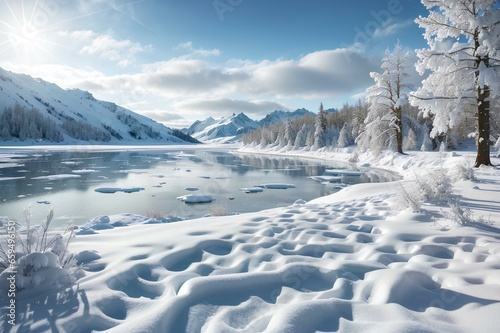 Snow Mountain in the winter with cold frost Glacier and blue sky  frozen lake and snowflake on pine in alps mount