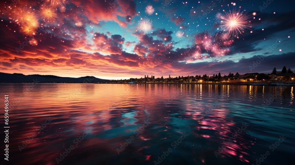 Fireworks reflecting in a serene lake creating , Background Image,Desktop Wallpaper Backgrounds, HD