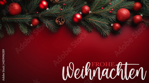 Frohe Weihnachten Feiertag Grußkarte mit deutschem Text - Tannenzweige und rote Weihnachtskugeln Ornamente auf rotem Tisch Textur Hintergrund, Draufsicht