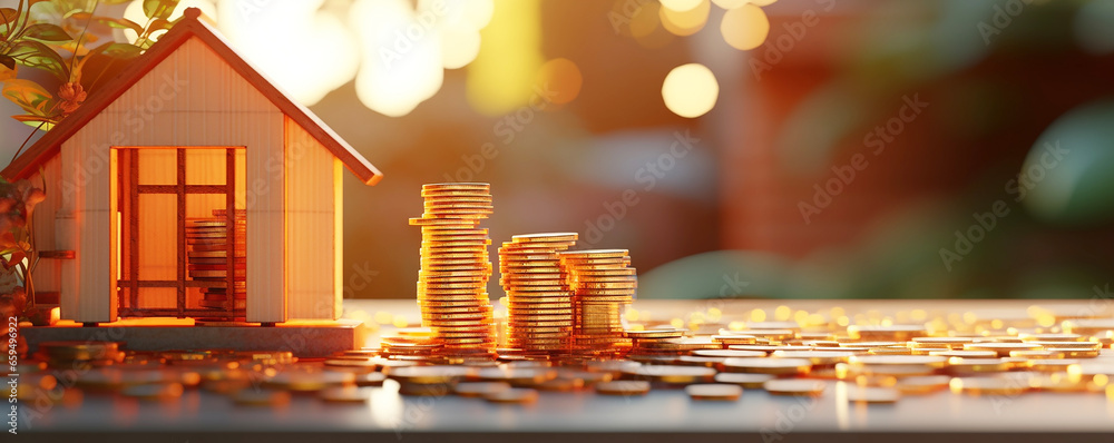 planning savings money of coins to buy  home, investment and asset management, Financial Planning for Homeownership,
 learn to save money for your dream house, Coin stack on international banknotes