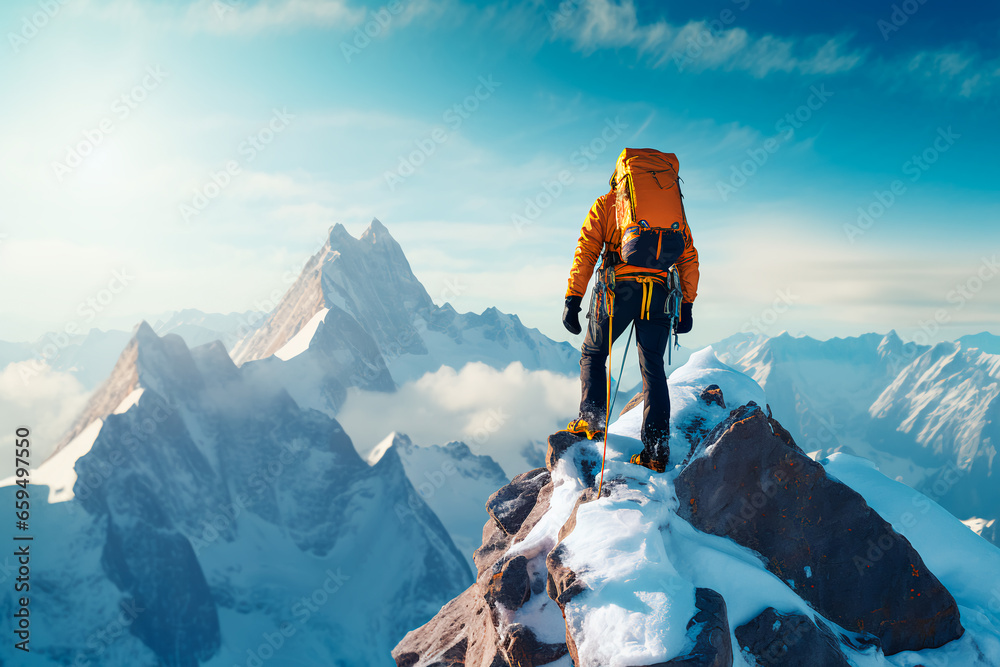 A climber climbs a snowy mountain. Bright image, sunset in the mountains. - obrazy, fototapety, plakaty 