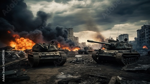 damaged tanks from battle, explosions, fires, deserted city backgrounds 