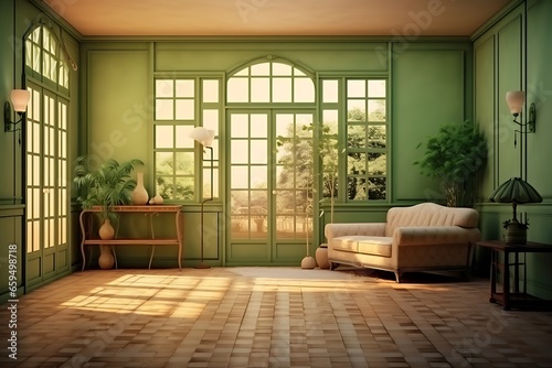 Green living room interior design. 3D render. Vintage style.
