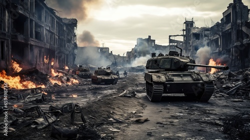 damaged tanks from battle  explosions  fires  deserted city backgrounds
