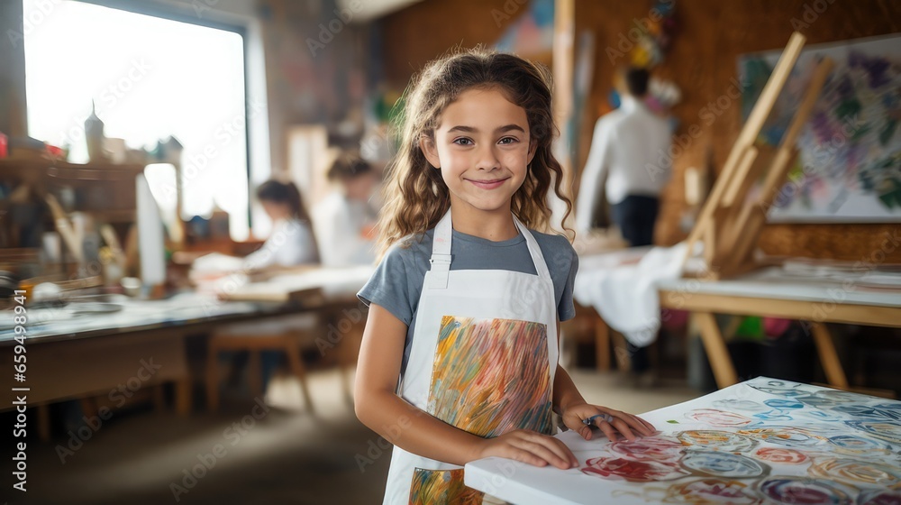 10-year-old girl with brown wavy hair and dark eyes, attending a painting class. She wears a blue t-shirt and a white apron in his hand. Image generated with AI.