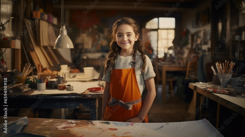 Smiling 10 year old girl with wavy brown hair taking art classes in a painting studio. She wears an orange apron. Image generated with AI