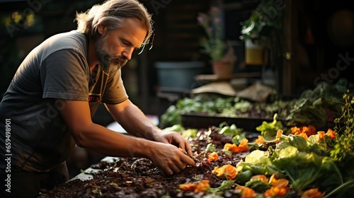 Recycling Food Scraps in his Backyard for Sustainable Living: Environmentally Conscious Man Practicing Home Composting